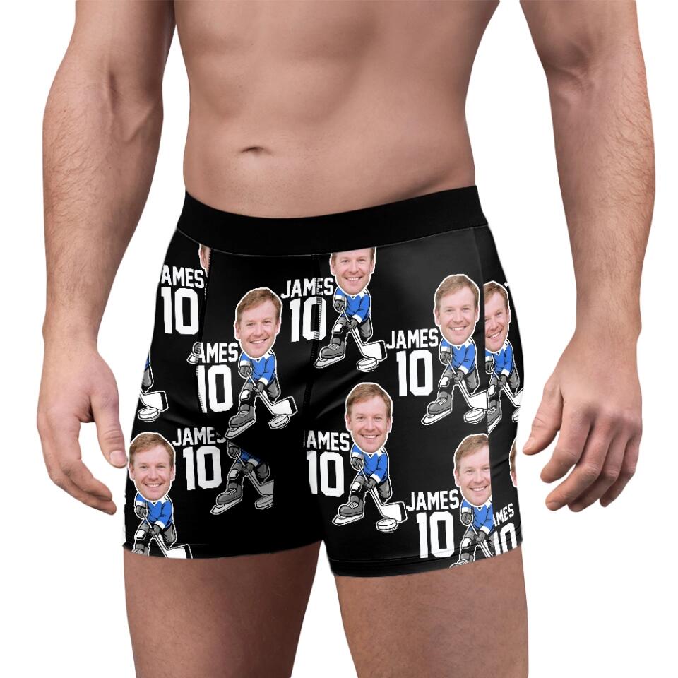 Man Playing Hockey Costume - Personalized Face & Name - Men's Boxer - Funny Gift for Hocky Player, Coaches, Fan