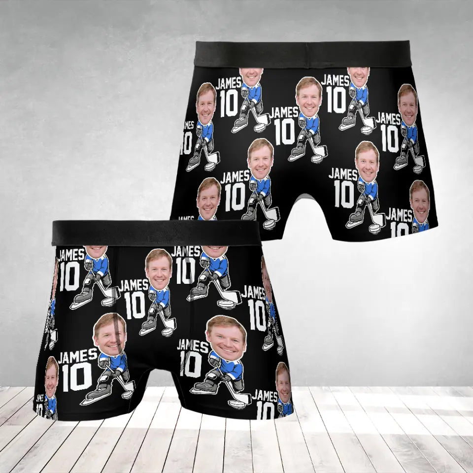 Man Playing Hockey Costume - Personalized Face & Name - Men's Boxer - Funny Gift for Hocky Player, Coaches, Fan