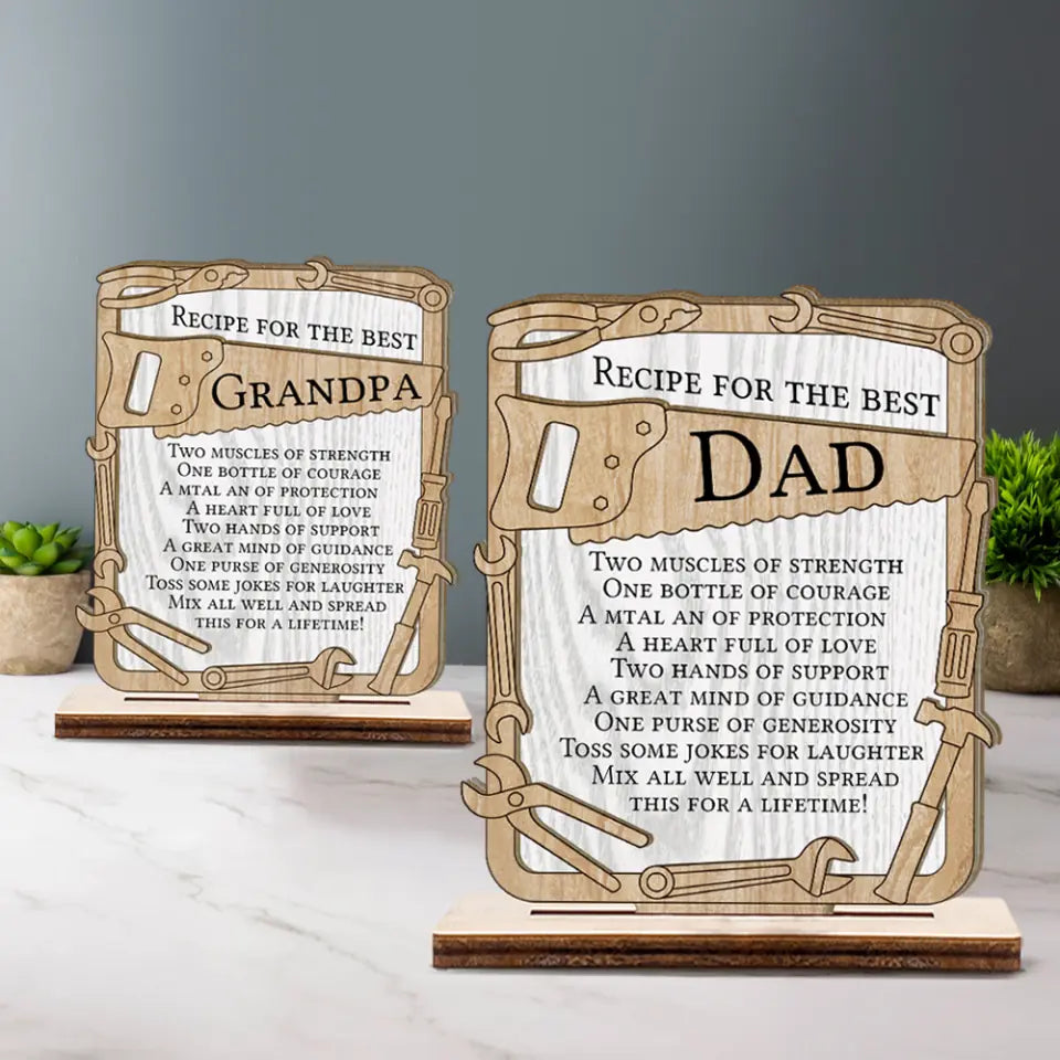 Recipe for the Best Dad/Grandpa - Two Mucles of Strength One Bottle of Courage Jokes for Laughter - Wooden Plaque - Father&#39;s Day Gift - Birthday Gift for Daddy Grandad - 303ICNBNWP377