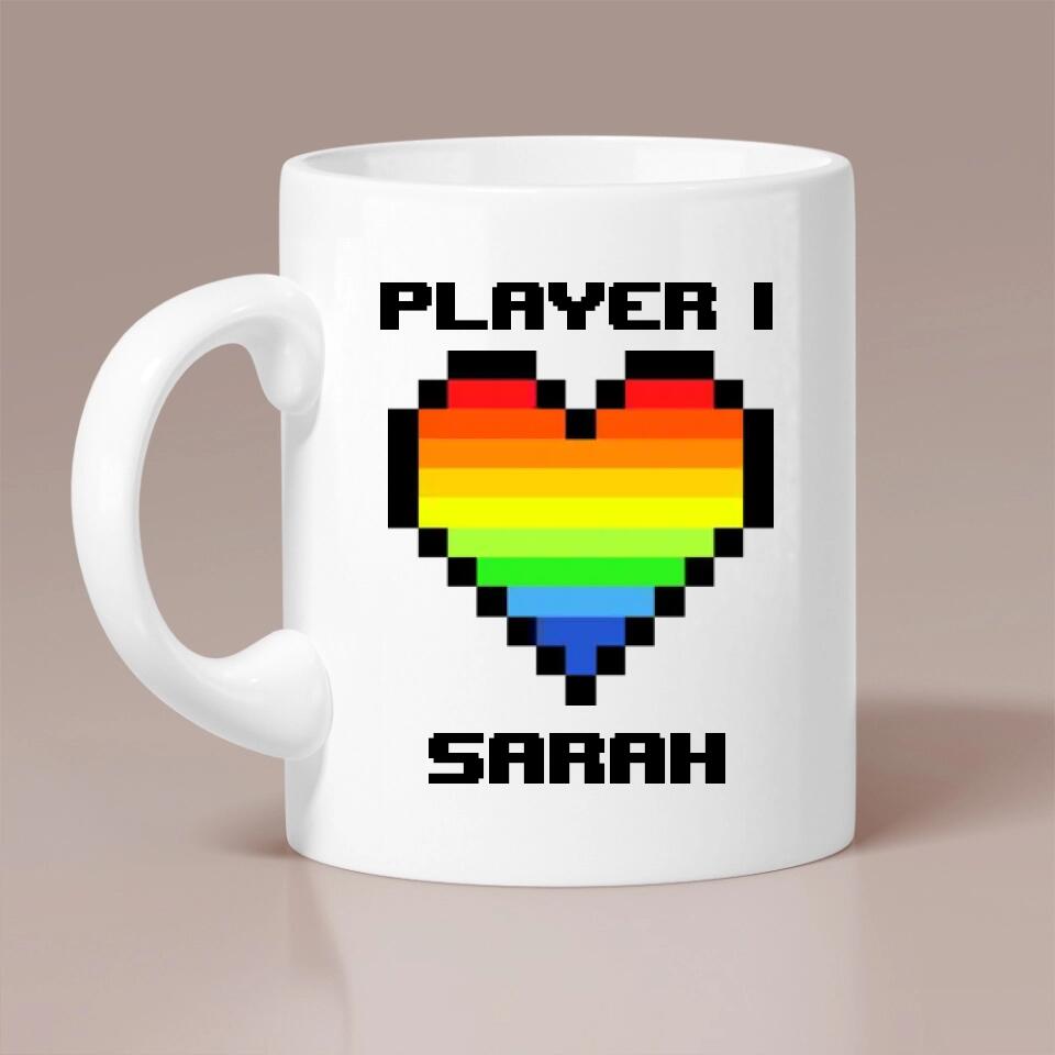 Custom Name Player One Player Two - Gay Gamer Couple Mug - Heart Matching LGBT - Wedding, Anniversary Gift for Him