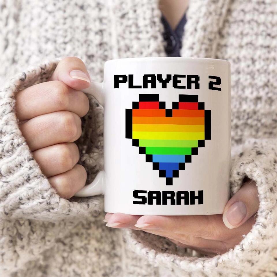 Custom Name Player One Player Two - Gay Gamer Couple Mug - Heart Matching LGBT - Wedding, Anniversary Gift for Him