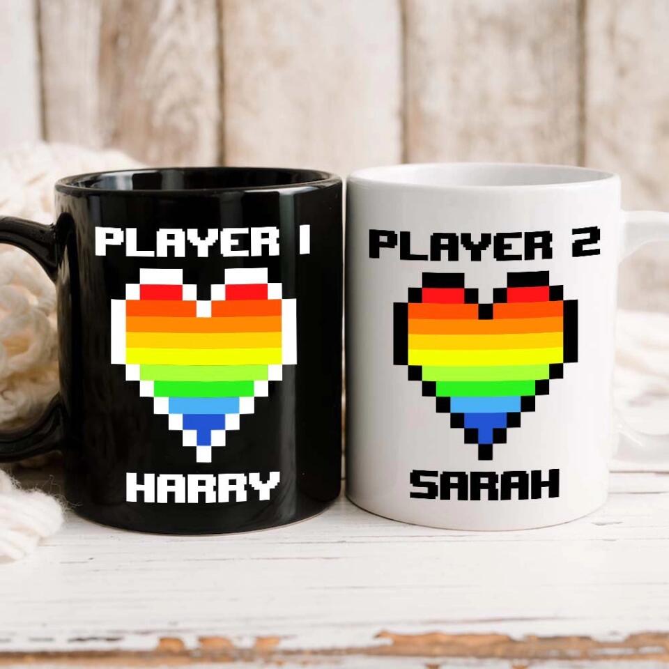 Custom Name Player One Player Two - Gay Gamer Couple Mug - Heart Matching LGBT - Wedding, Anniversary Gift for Him