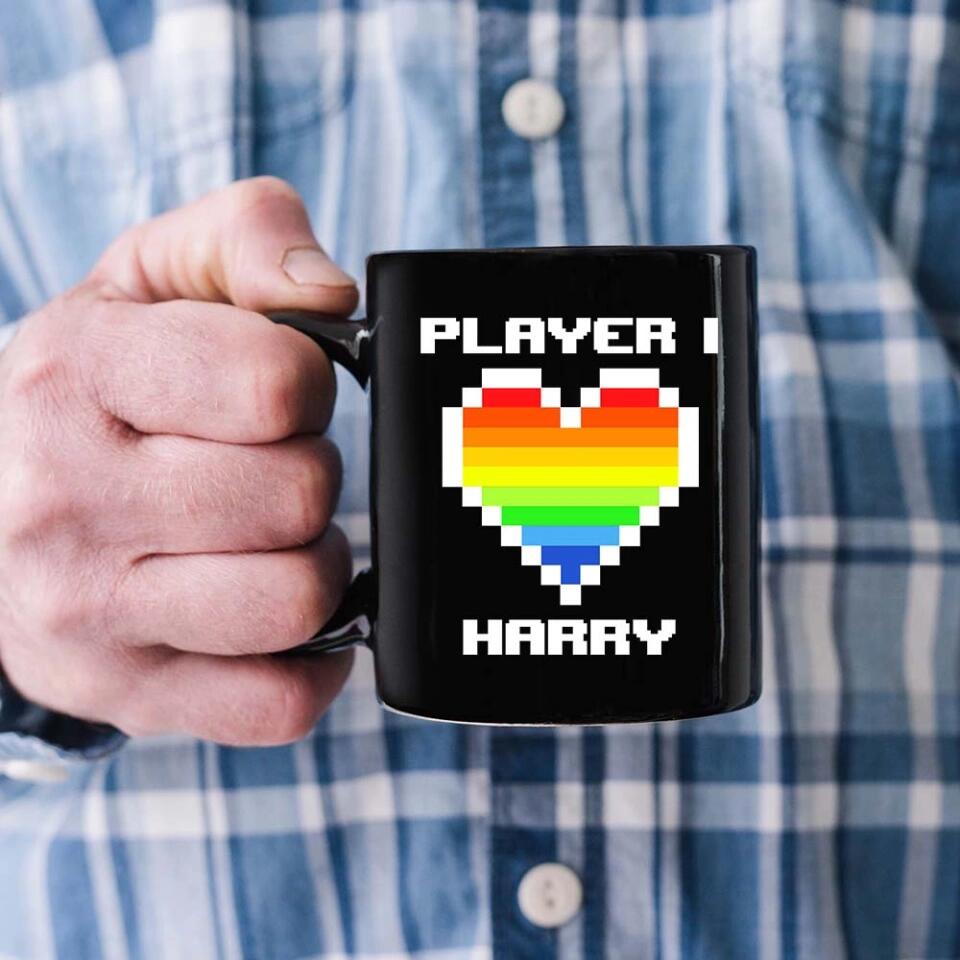 Custom Name Player One Player Two - Gay Gamer Couple Mug - Heart Matching LGBT - Wedding, Anniversary Gift for Him
