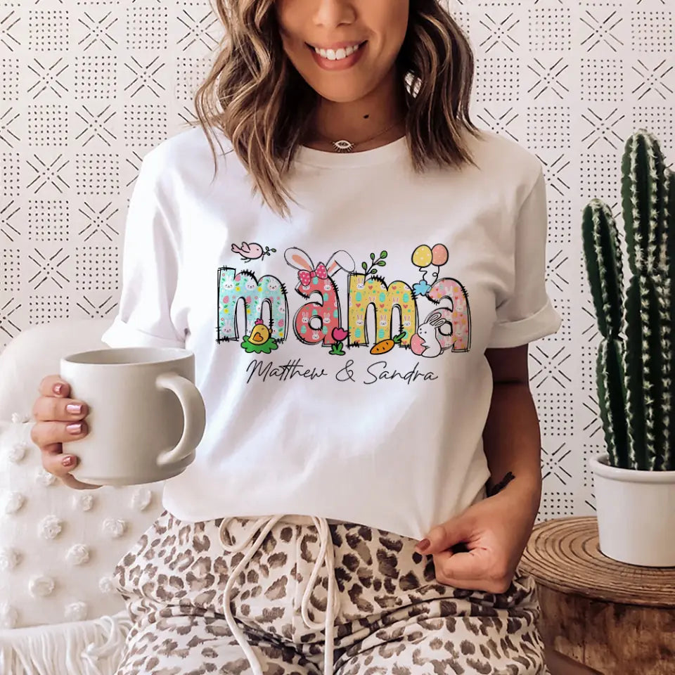 Easter Day Gift for Mama - Bunny Carrots Eggs Easter Day Theme - Personalized Kid&#39;s Name - Custom Nickname - Unisex T-shirt - Easter Day Gift - Mother&#39;s Day Gift - 303ICNLNTS401