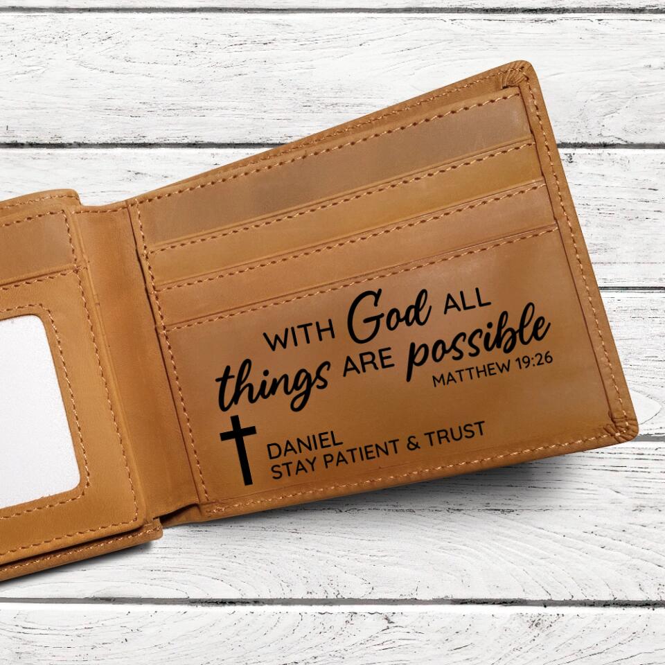 With God All Things Are Possible - Bibble Quote - Personalized Name - Engraved Leather Wallet - Men's Jewelry - Money Holder - Birthday Gift - Confirmation Gift for Boys - 303ICNNPLW331