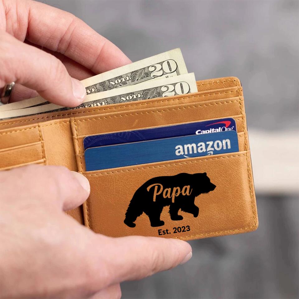 Papa Bear Est, New Dad, First Father's Day Gift for Papa, Engraved Leather Wallet, Money Holder