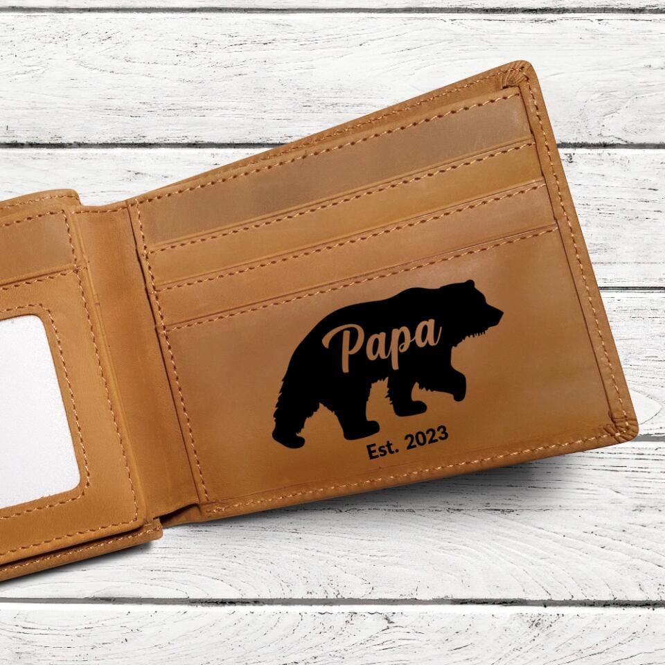 Papa Bear Est, New Dad, First Father's Day Gift for Papa, Engraved Leather Wallet, Money Holder