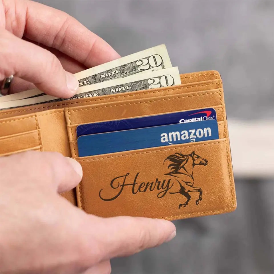 Horse Art with Name - Personalized Leather Wallet for Men - Gift for Horse Rider/Horse Lover,  Equestrian -  Money Holder