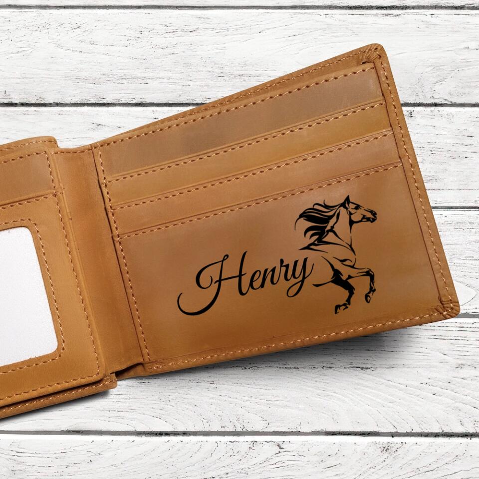 Horse Art with Name - Personalized Leather Wallet for Men - Gift for Horse Rider/Horse Lover,  Equestrian -  Money Holder