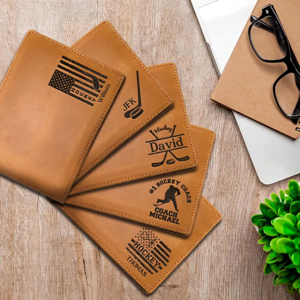 Personalized Name/Nickname Engraved Leather Wallet - Hockey Art - Best Gift for Hockey Coaches, Player