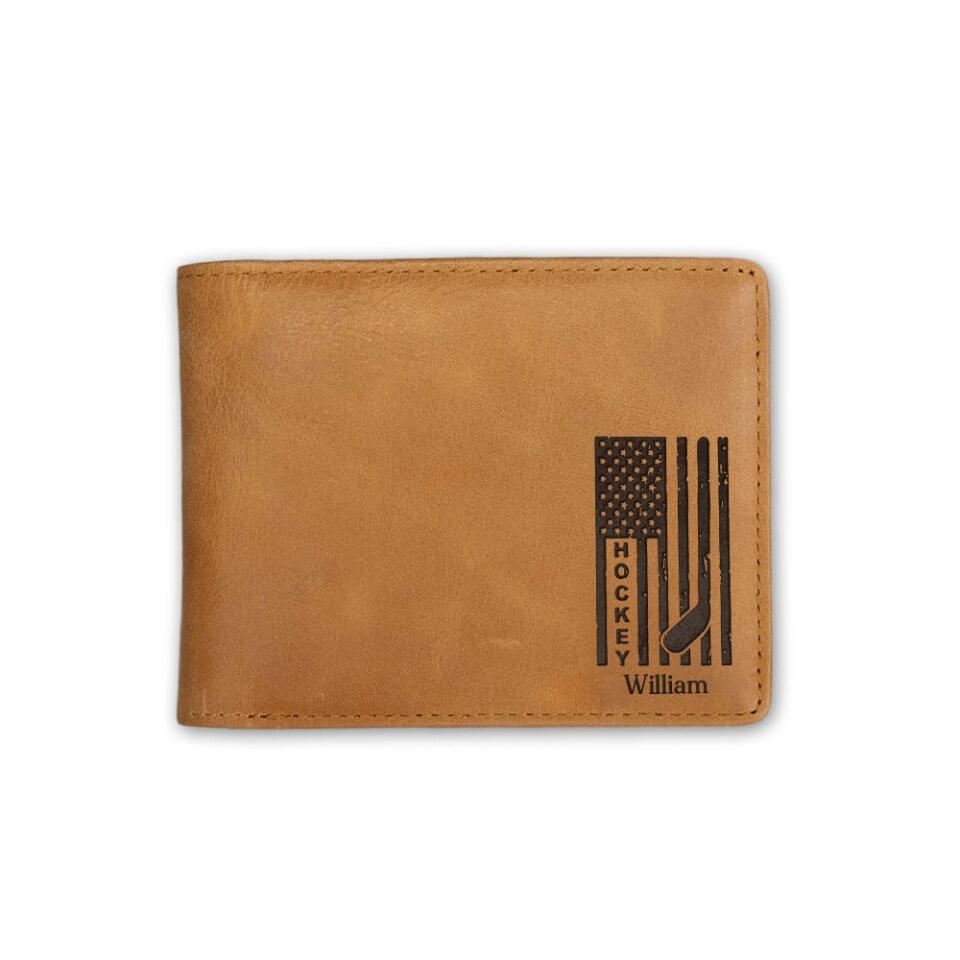 Personalized Name/Nickname Engraved Leather Wallet - Hockey Art - Best Gift for Hockey Coaches, Player