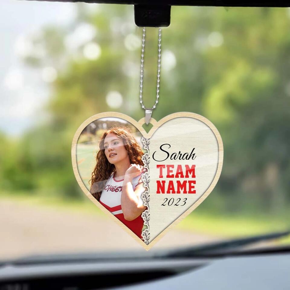 Cheerleader Photo and Name - Heart-shaped Ornament - Car Ornament - Custom Name & Team Name - Personalized Photo - Birthday Gift for Cheerleader - Graduation Keepsake - for BFF - 303ICNTLOR442