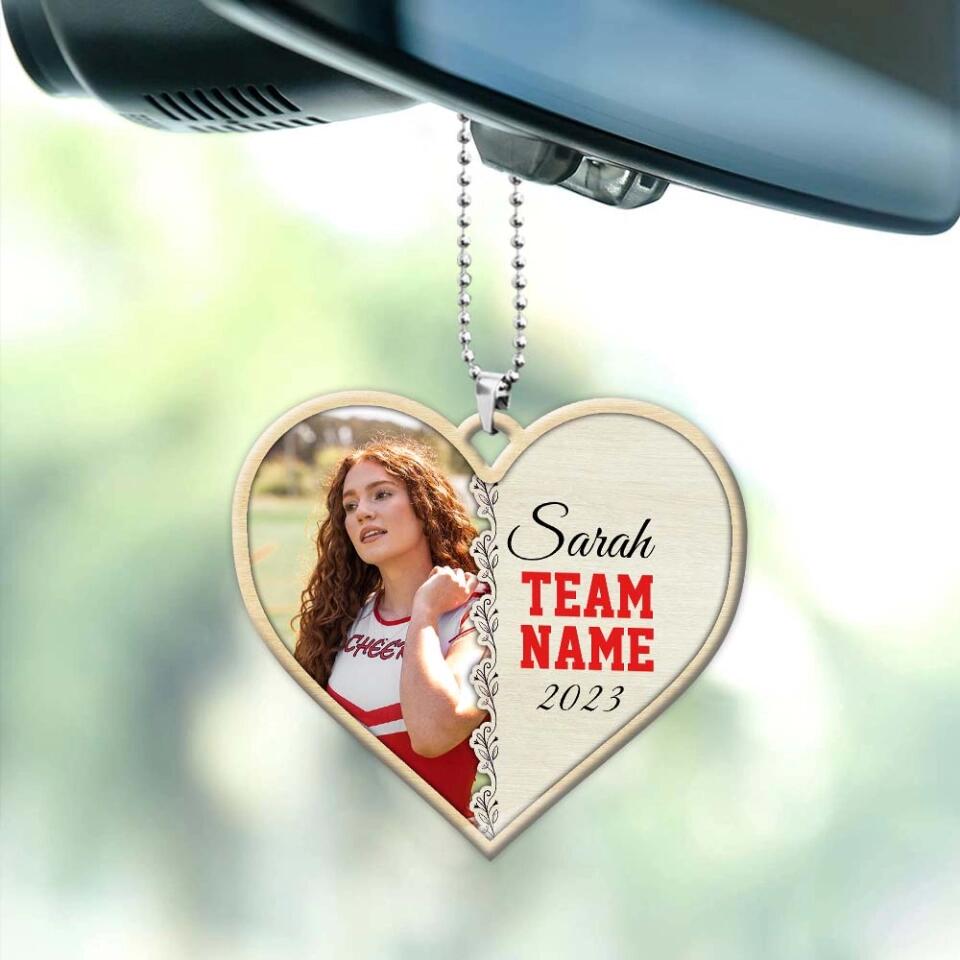 Cheerleader Photo and Name - Heart-shaped Ornament - Car Ornament - Custom Name & Team Name - Personalized Photo - Birthday Gift for Cheerleader - Graduation Keepsake - for BFF - 303ICNTLOR442