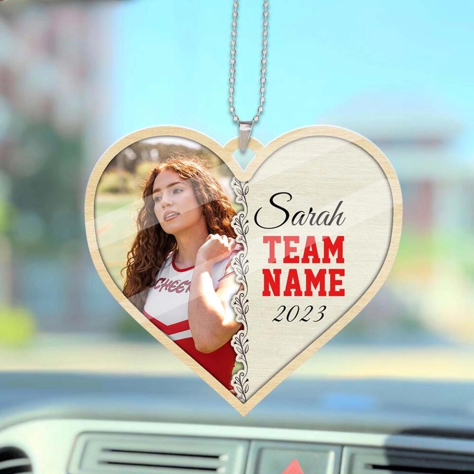 Cheerleader Photo and Name - Heart-shaped Ornament - Car Ornament - Custom Name & Team Name - Personalized Photo - Birthday Gift for Cheerleader - Graduation Keepsake - for BFF - 303ICNTLOR442