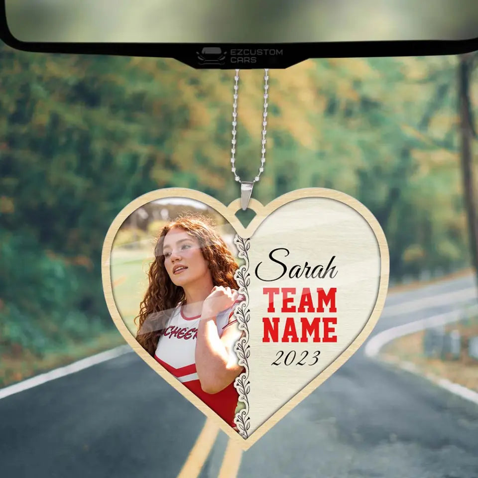 Cheerleader Photo and Name - Heart-shaped Ornament - Car Ornament - Custom Name &amp; Team Name - Personalized Photo - Birthday Gift for Cheerleader - Graduation Keepsake - for BFF - 303ICNTLOR442