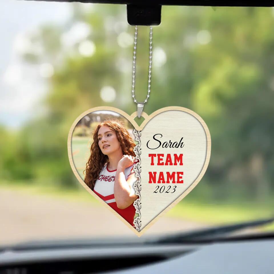 Cheerleader Photo and Name - Heart-shaped Ornament - Car Ornament - Custom Name & Team Name - Personalized Photo - Birthday Gift for Cheerleader - Graduation Keepsake - for BFF - 303ICNTLOR442
