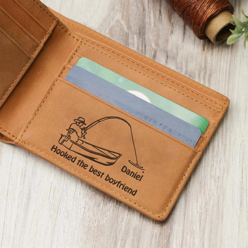 Hooked the Best Boyfriend/Dad - Personalized Name for Fishing Lover - Engraved Leather Wallet, Money Holder