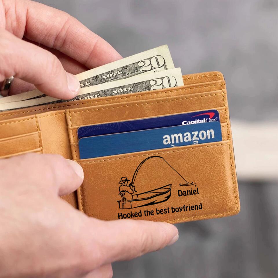 Hooked the Best Boyfriend/Dad - Personalized Name for Fishing Lover - Engraved Leather Wallet, Money Holder