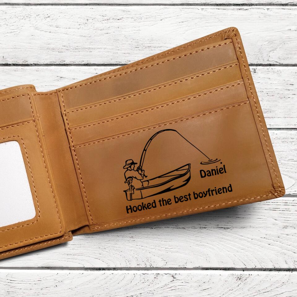 Hooked the Best Boyfriend/Dad - Personalized Name for Fishing Lover - Engraved Leather Wallet, Money Holder