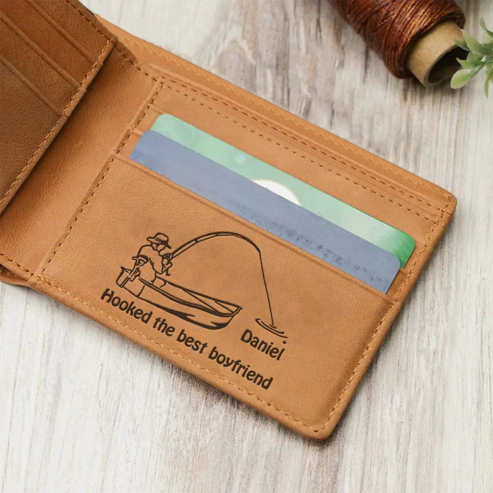 Hooked the Best Boyfriend/Dad - Personalized Name - Custom Nickname - for Fishing Lover - Engraved Leather Wallet - Money Holder - Birthday Gift - Gift for Men - Father&#39;s Day Gifts - 304ICNNPLW470