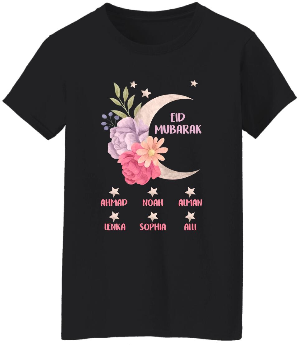 Floral and Moon Eid Mubarak Shirt - Custom Mom Eid Gifts - Eid T-shirt - Personalised Names/Nicknames - Ramadan Mubarak -  Grandma Nana Auntie Eid Gift - Shirt for Women - 304ICNNPTS476