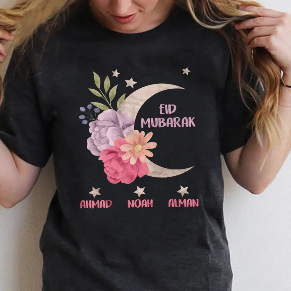 Floral and Moon Eid Mubarak Shirt - Custom Mom Eid Gifts - Eid T-shirt - Personalised Names/Nicknames - Ramadan Mubarak -  Grandma Nana Auntie Eid Gift - Shirt for Women - 304ICNNPTS476