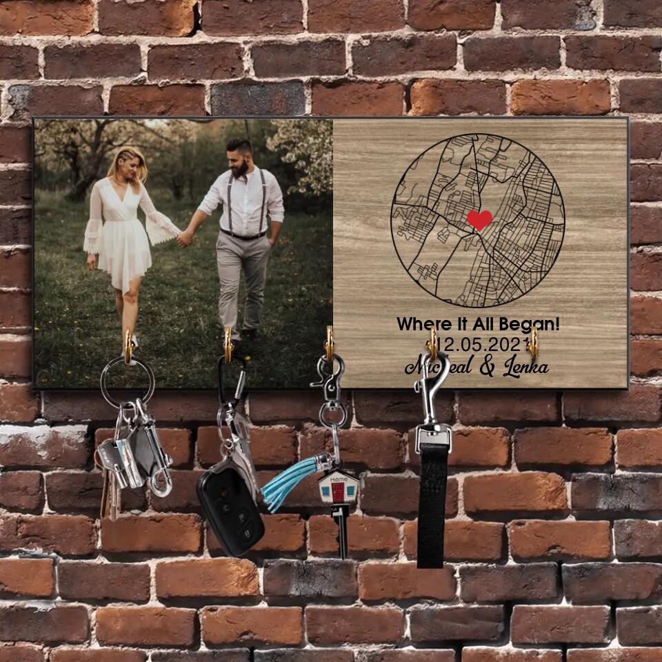 When It All Began - Custom Map - Personalized Key Holder - Wooden Hanger - Anniversary, Wedding Gift for Couples