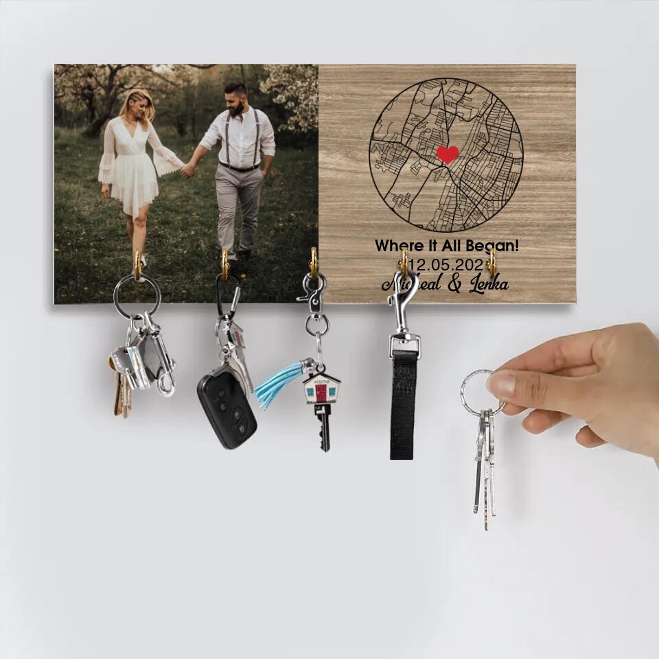 When It All Began - Custom Map - Personalized Key Holder - Wooden Hanger - Anniversary, Wedding Gift for Couples