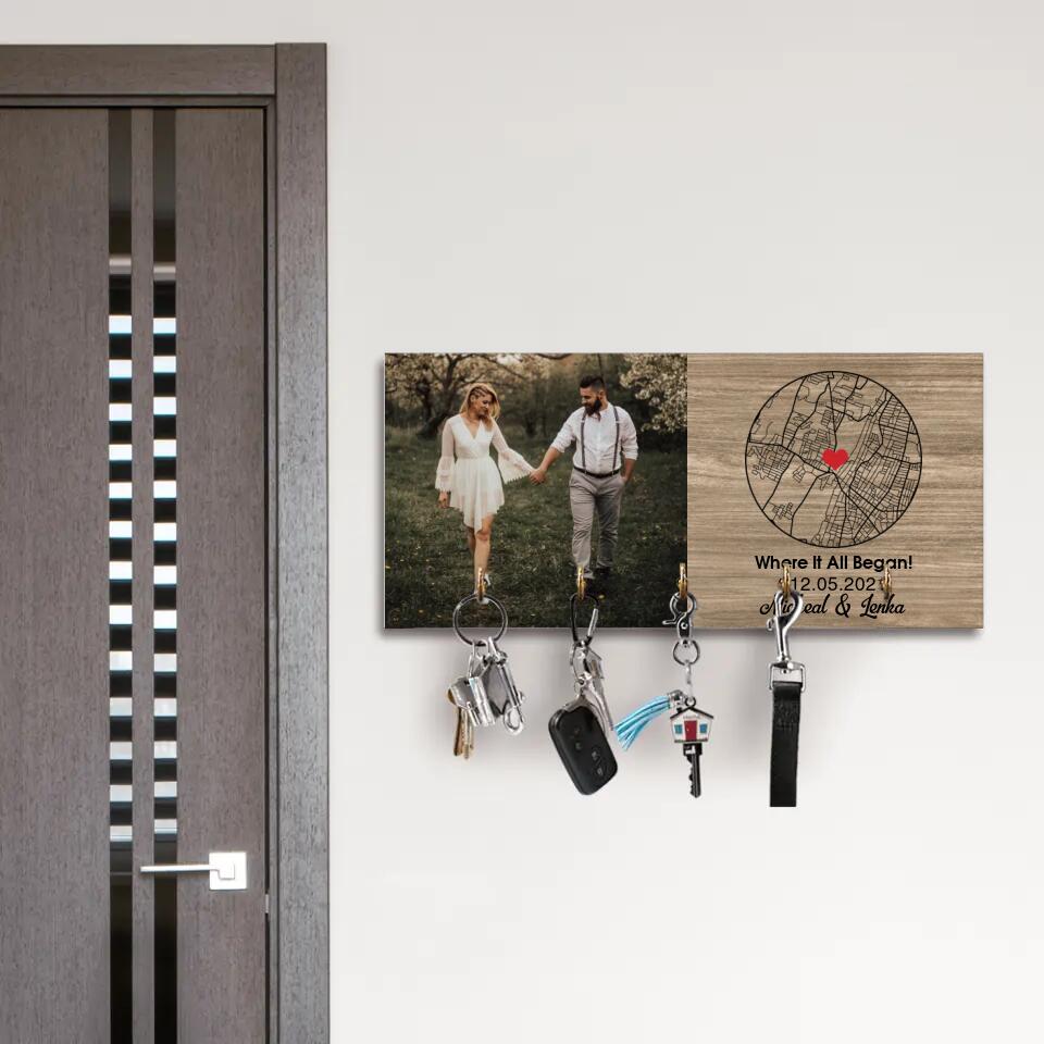 When It All Began - Custom Map - Personalized Key Holder - Wooden Hanger - Anniversary, Wedding Gift for Couples