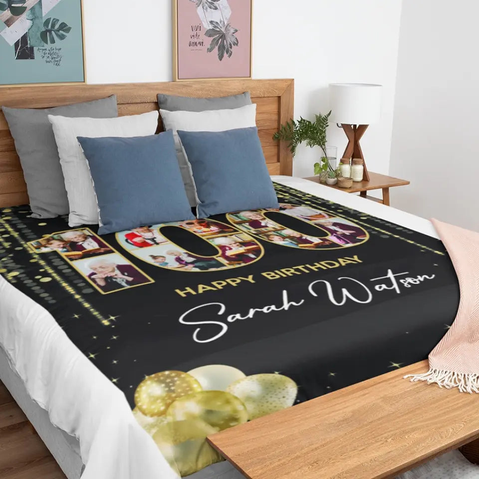 100 Years Old Happy Birthday - Custom Photo Fleece Blanket - Best Gift For Birthday Party Mom Dad Grandparents - For Birthday - Birthday Decoration - 304IHPTLBL446