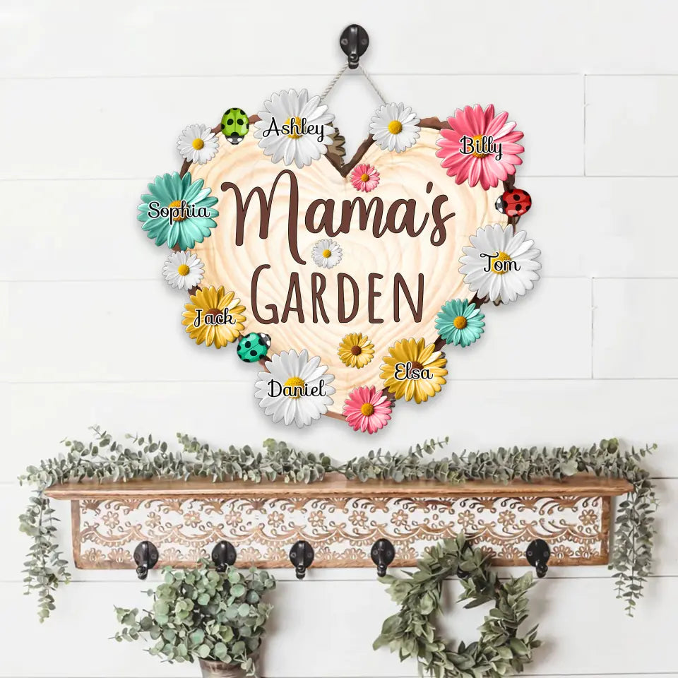 Mama&#39;s Garden&#39;s Wood Grain - Heart Wooden Sign with Flowers - Custom Shape Wooden Sign - Wall Hanging/Art - Daisy Flowers with Names - Mother&#39;s Day Gift - for Mama Nana Mommy - 304ICNNPRW501