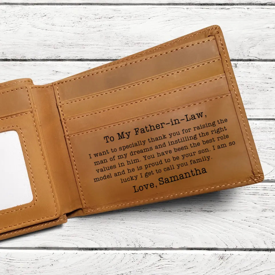 Message from Daughter-in-law to Father-in-law - Thank You for Raising the Man of My Dreams - Leather Wallet - Money Holder - for Men - Wedding Gift - Birthday Gift for Dad-in-law - 304ICNTLLW515