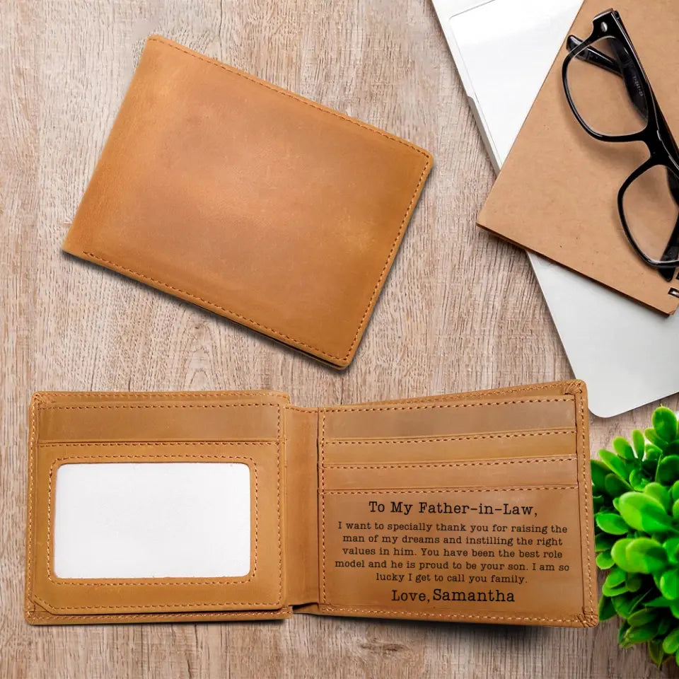 Message from Daughter-in-law to Father-in-law - Thank You for Raising the Man of My Dreams - Leather Wallet - Money Holder - for Men - Wedding Gift - Birthday Gift for Dad-in-law - 304ICNTLLW515