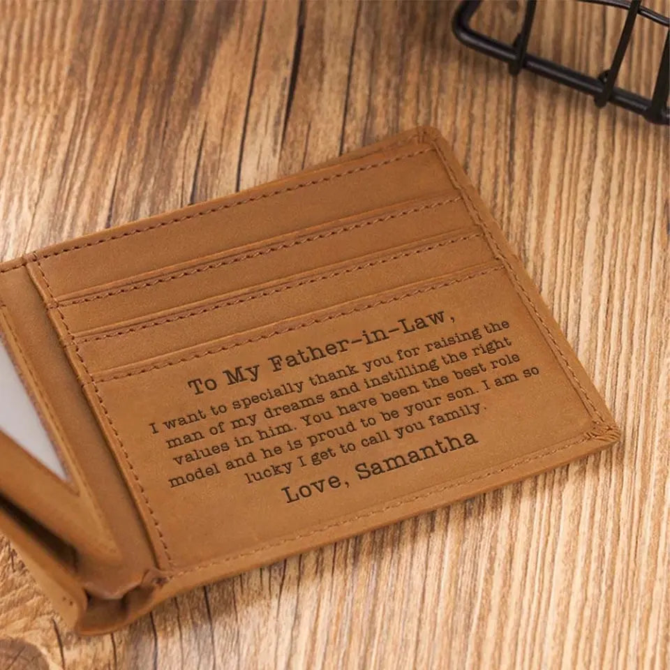 Message from Daughter-in-law to Father-in-law - Thank You for Raising the Man of My Dreams - Leather Wallet - Money Holder - for Men - Wedding Gift - Birthday Gift for Dad-in-law - 304ICNTLLW515