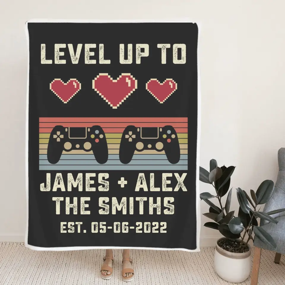 Gaming Couple Level Up to Husband & Wife - Personalized Name & Date - Fleece Blanket - Wedding, Anniversary Gift for Her, Him