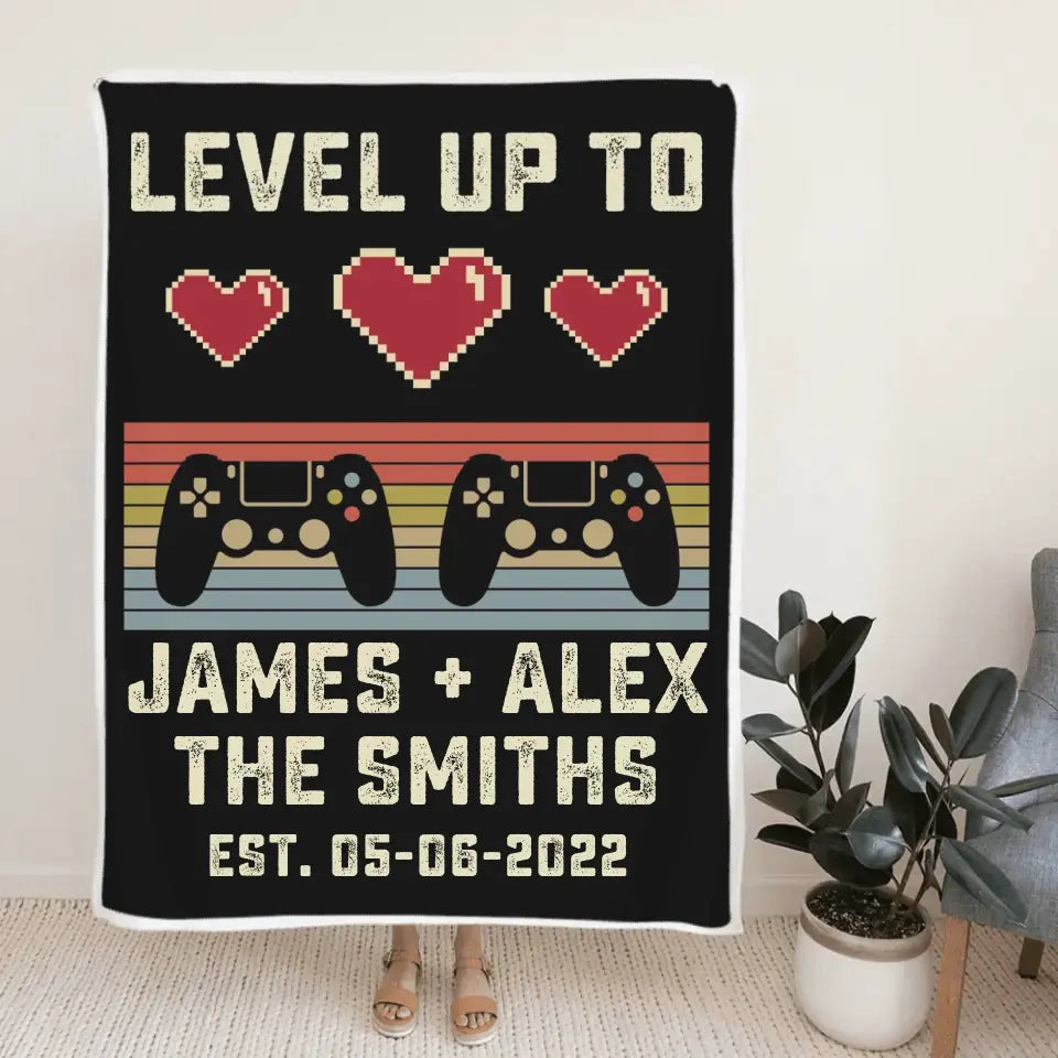 Gaming Couple Level Up to Husband & Wife - Personalized Name & Date - Fleece Blanket - Wedding, Anniversary Gift for Her, Him