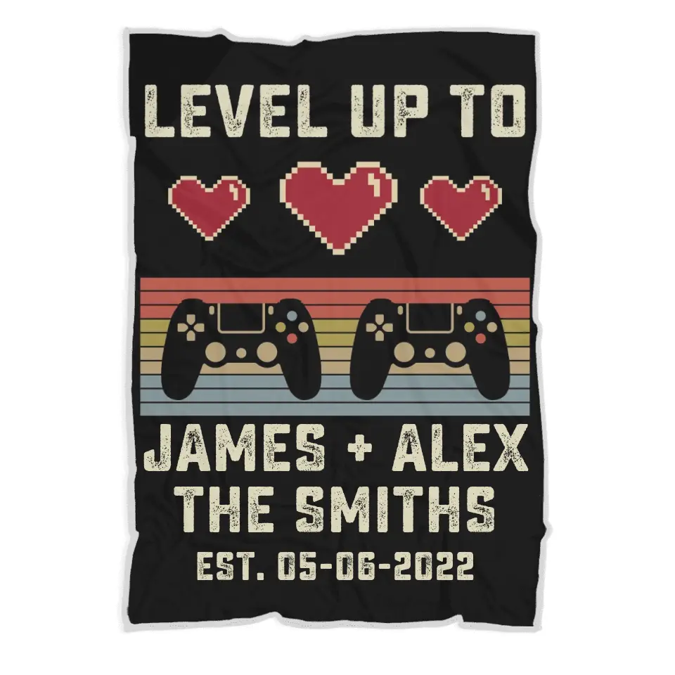 Gaming Couple Level Up to Husband & Wife - Personalized Name & Date - Fleece Blanket - Wedding, Anniversary Gift for Her, Him