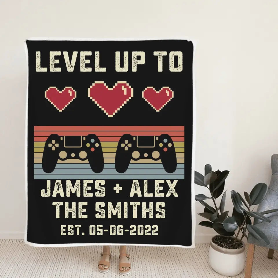 Gaming Couple Level Up to Husband & Wife - Personalized Name & Date - Fleece Blanket - Wedding, Anniversary Gift for Her, Him