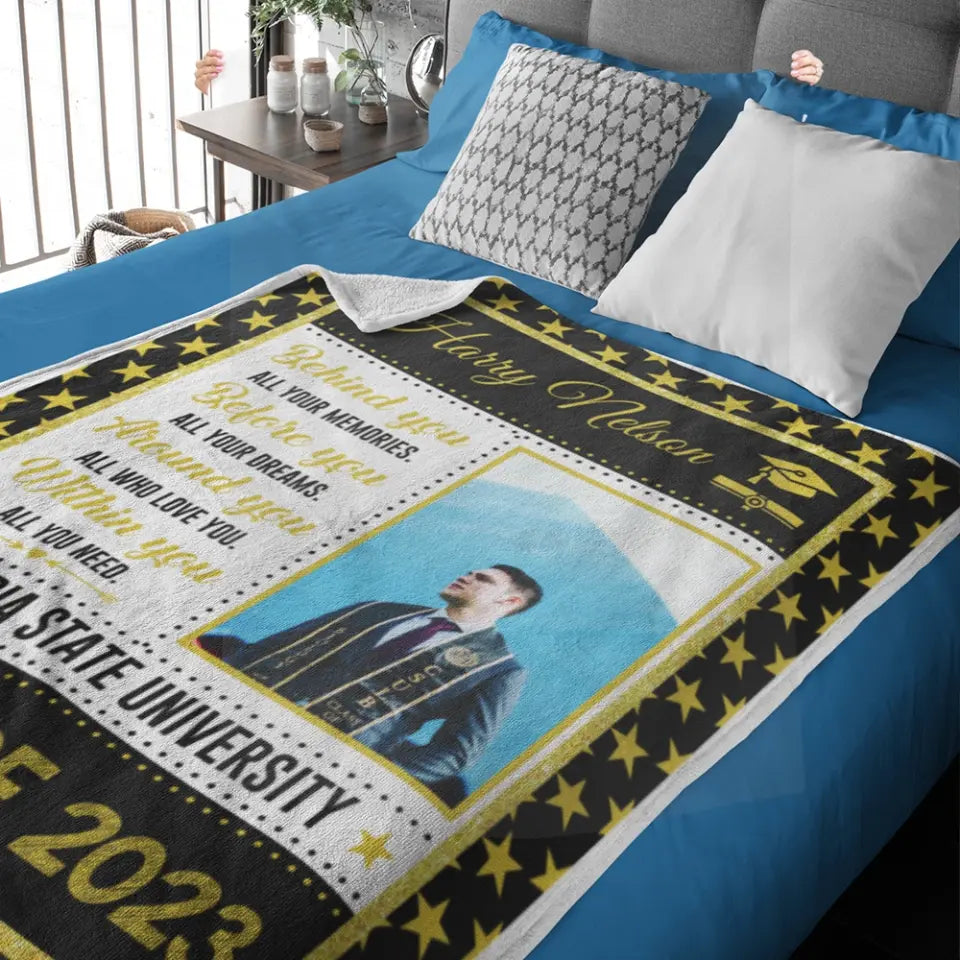 Behind You All Your Memories Before You All Your Dreams - Personalized Upload Photo Blanket - Best Graduation Gift For Friends For Him/Her Graduated Day - Anniversary Gift - 304IHPTLBL477