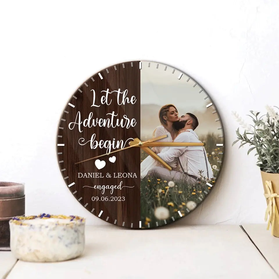 Couple Wooden Sign Let The Adventure Begin - Wall Clock - Gift For Couples On Anniversary, Wedding