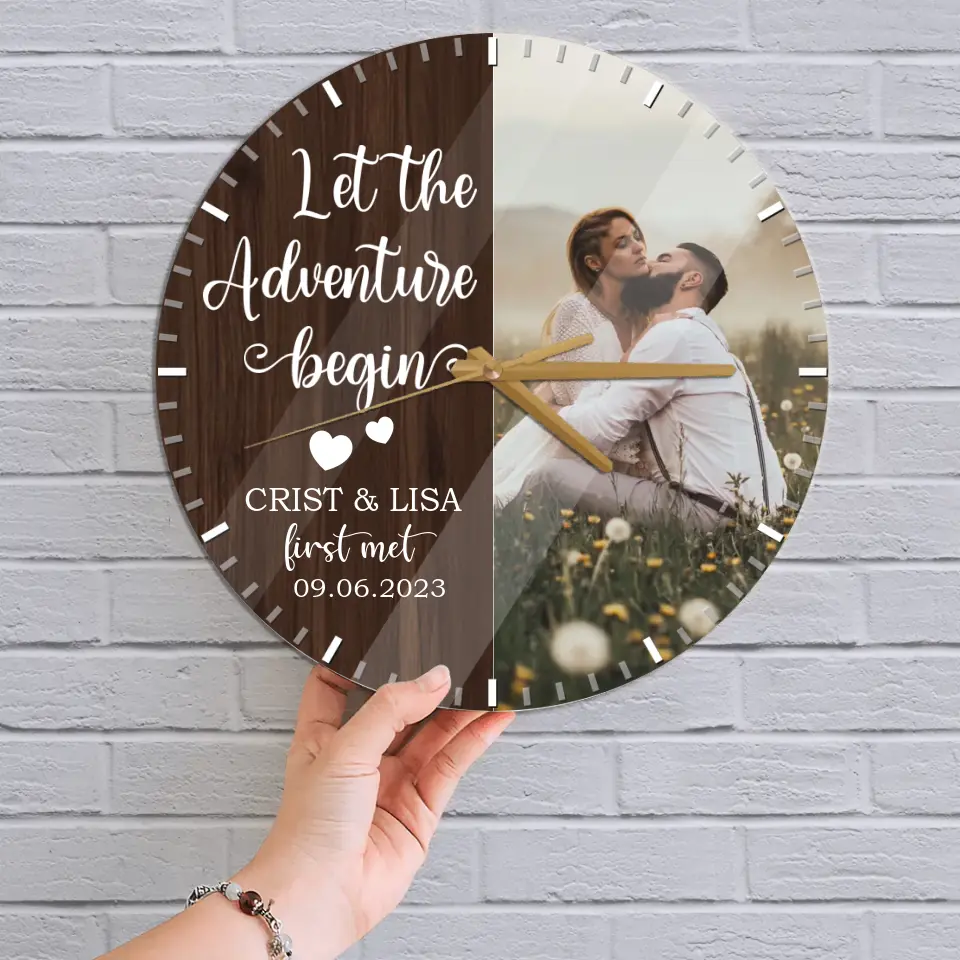 Couple Wooden Sign Let The Adventure Begin - Wall Clock - Gift For Couples On Anniversary, Wedding
