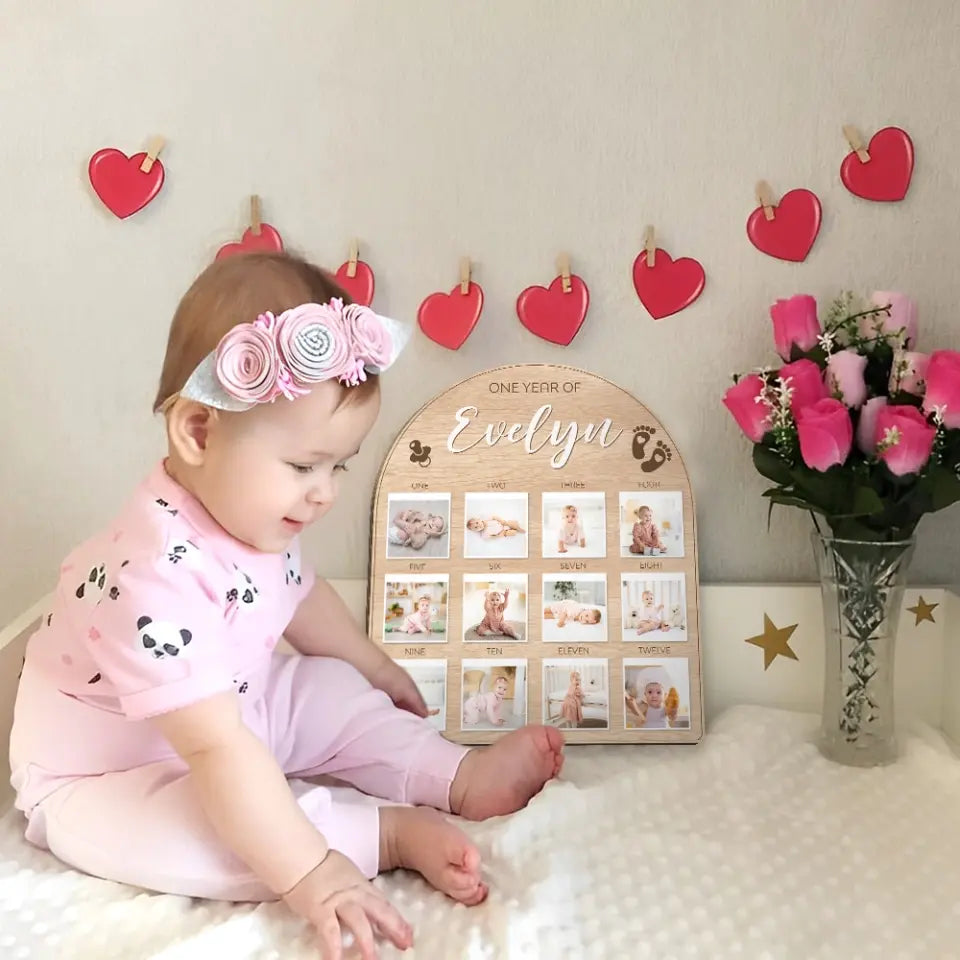 One Year Birthday - Custom Photos from 1 Month to 12 Months - Shape Wooden Sign - Birthday Gift For Baby Boys, Baby Girls