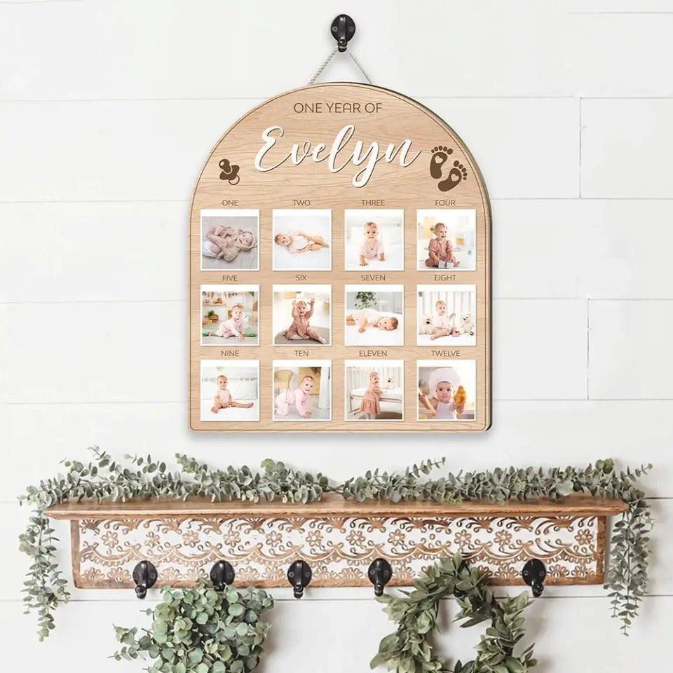 One Year Birthday - Custom Photos from 1 Month to 12 Months - Shape Wooden Sign - Birthday Gift For Baby Boys, Baby Girls