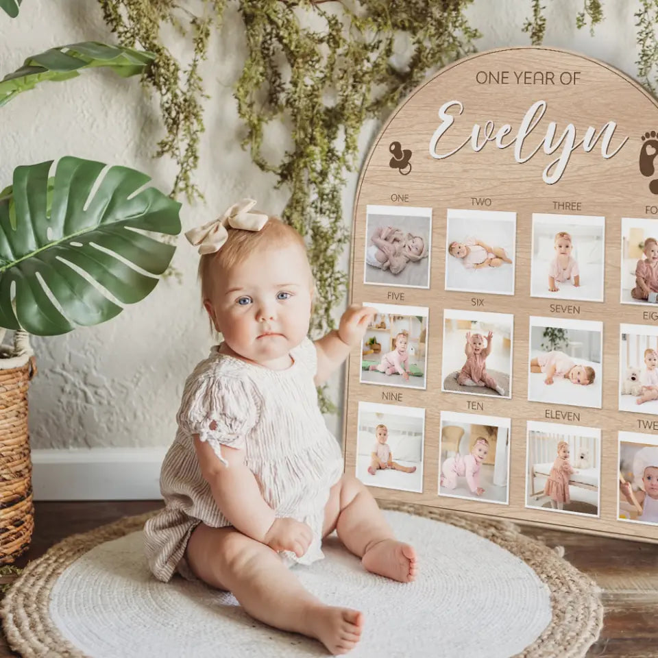 One Year Birthday - Custom Photos from 1 Month to 12 Months - Shape Wooden Sign - Birthday Gift For Baby Boys, Baby Girls