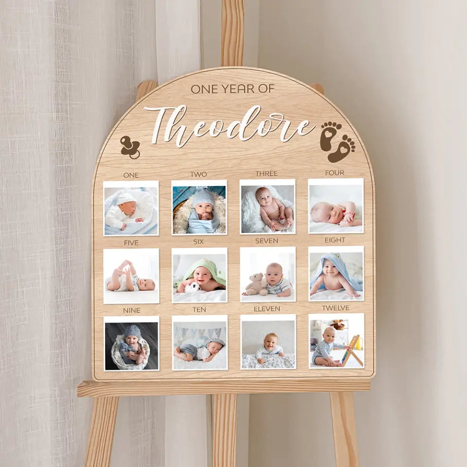 One Year Birthday - Custom Photos from 1 Month to 12 Months - Shape Wooden Sign - Birthday Gift For Baby Boys, Baby Girls