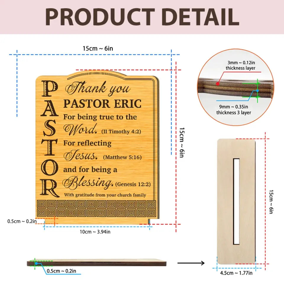 Thank You Pastor With Gratitude - Personalized Wooden Plaque - Gift For Pastor | 307IHPBNWP833