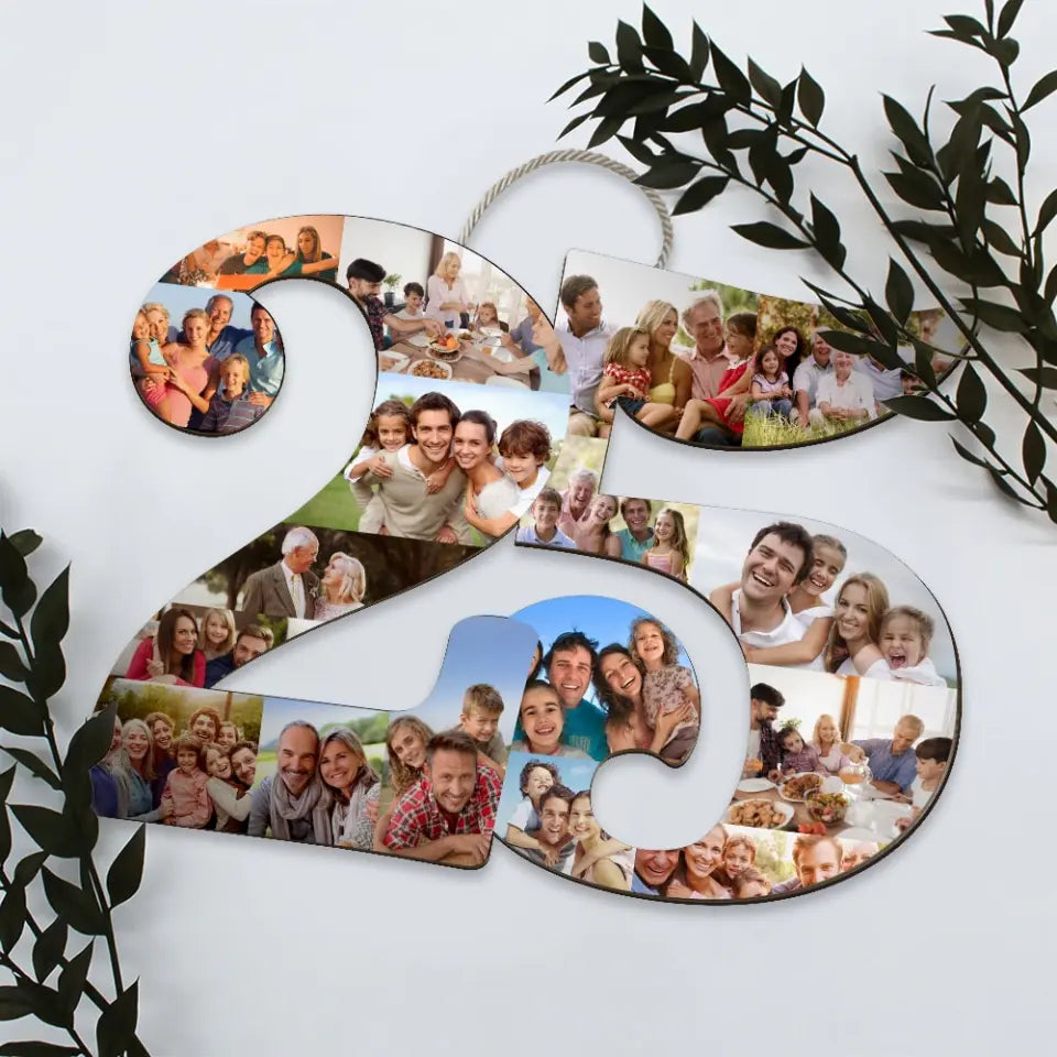 Couple Wooden Sign Custom Number 25 Shape Wooden Sign, Personalized Collage Photos, 25th Birthday/Anniversary Gift