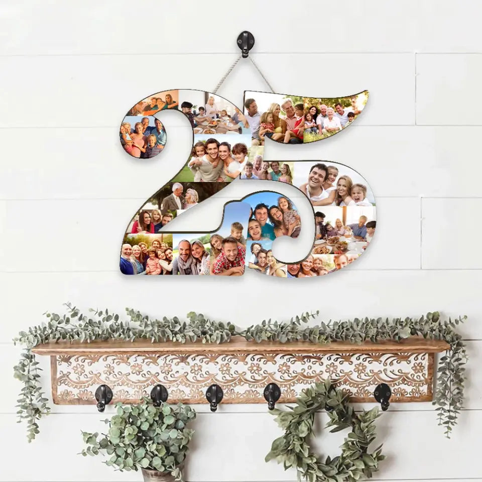 Couple Wooden Sign Custom Number 25 Shape Wooden Sign, Personalized Collage Photos, 25th Birthday/Anniversary Gift