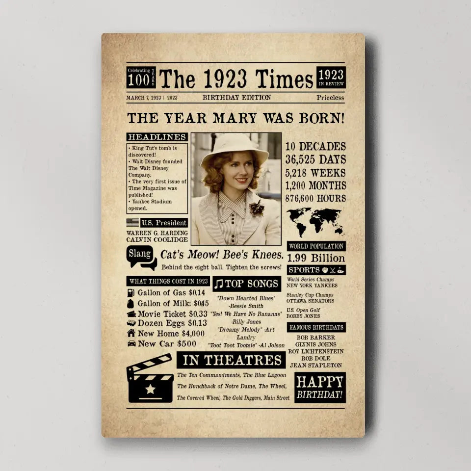 The 1923 Times Birthday Edition - Personalized Canvas/Poster - Birthday Gift | 307IHPNPCA797