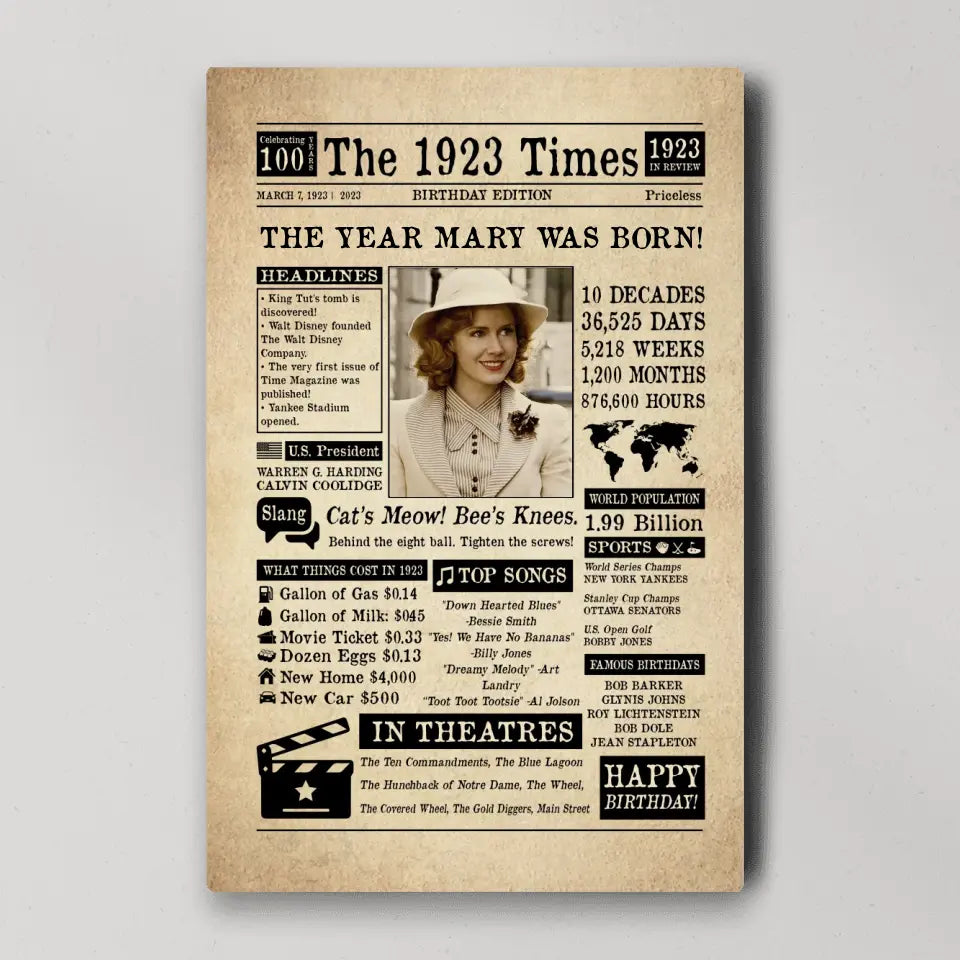 The 1923 Times Birthday Edition - Personalized Canvas/Poster